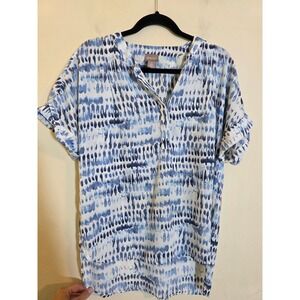 Chicos Blue White Abstract Ikat Print V-Neck Tunic Top Short Sleeve Size 1 M